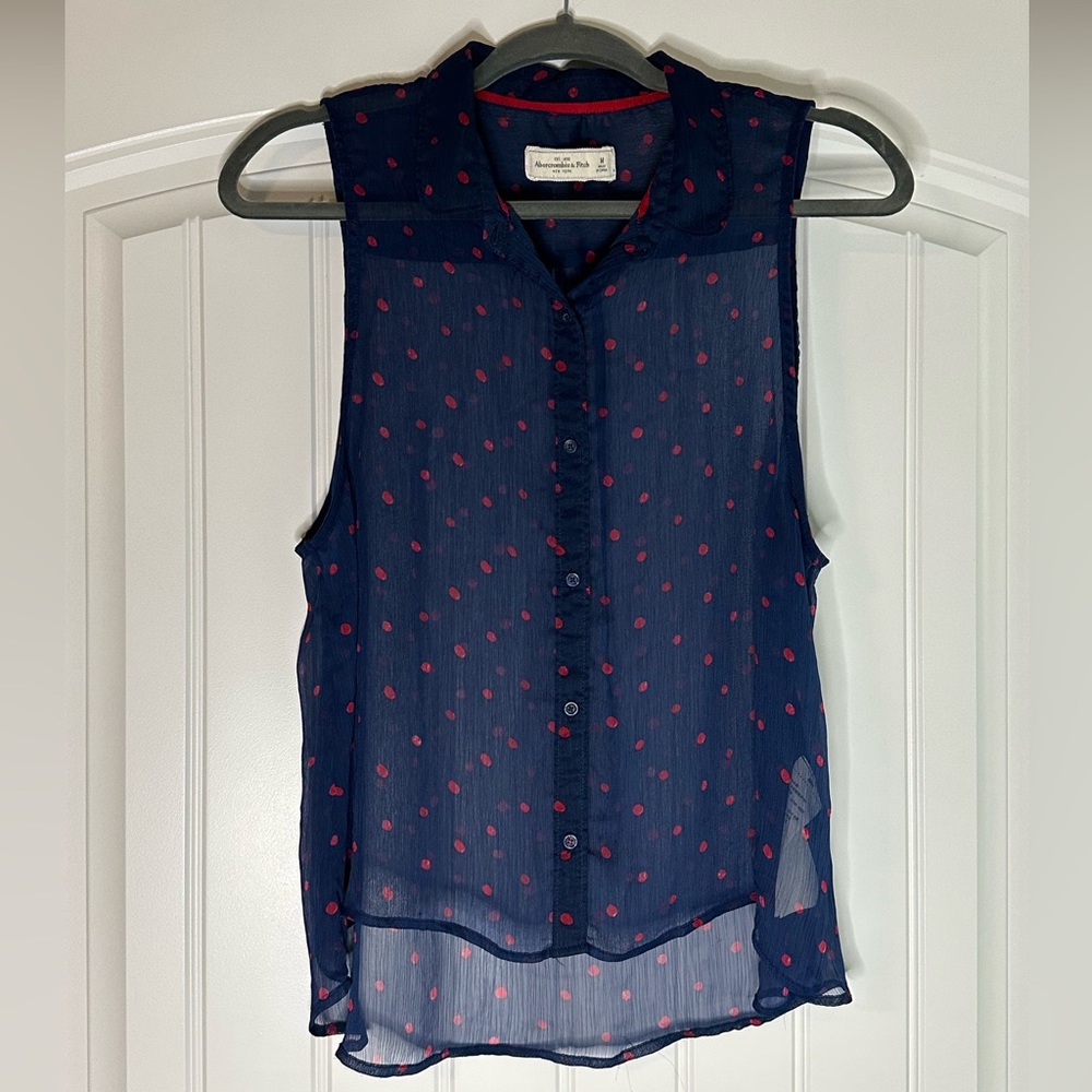 Abercrombie & Fitch Sheer Blue blouse with Red Polka Dot
